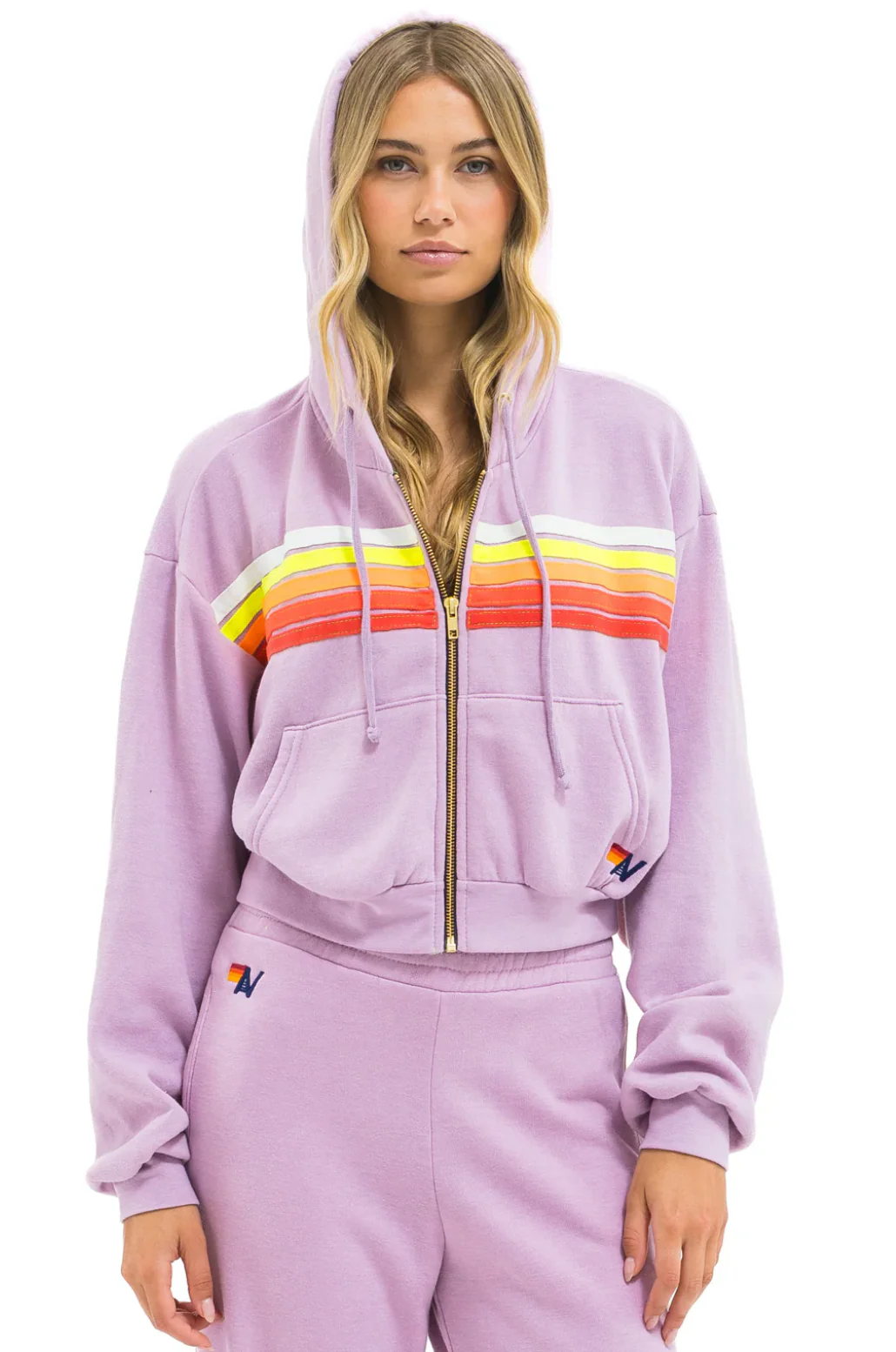 5  Stripe Cropped Zip Hoodie Mauve - Image 6