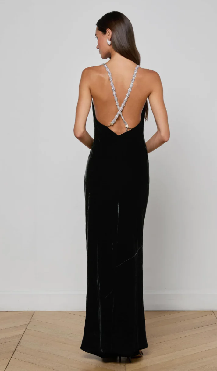 Saint Velvet Beaded Strap Gown Black RENTAL - Image 4